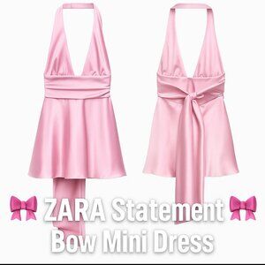 Zara Pink Satin Halter Mini Dress L Bow Waist A-Line Cocktail Party